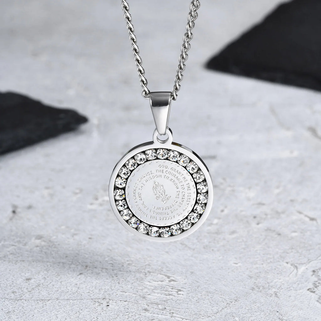 Bible Prayer Zircon Necklace for Men Boys,Stainless Steel Praying Hands Coin Pendant,Luxury Faith Jewelry Gift