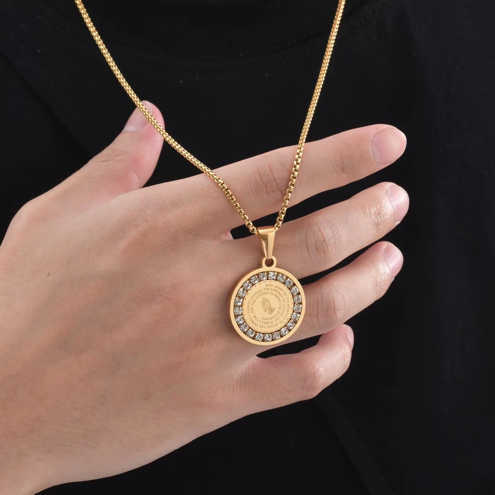 Bible Prayer Zircon Necklace for Men Boys,Stainless Steel Praying Hands Coin Pendant,Luxury Faith Jewelry Gift