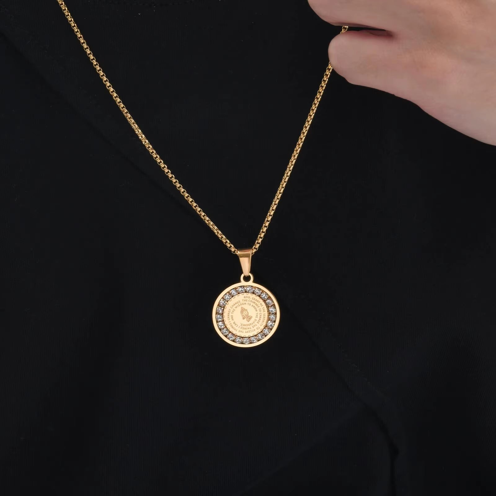 Bible Prayer Zircon Necklace for Men Boys,Stainless Steel Praying Hands Coin Pendant,Luxury Faith Jewelry Gift