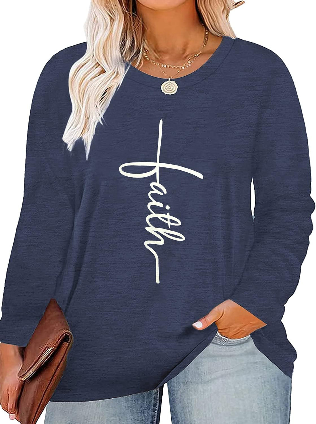 plus Size Faith Shirt Women Long Sleeve Graphic Tee Casual Sweatshirts with Pocket 1X - 5X