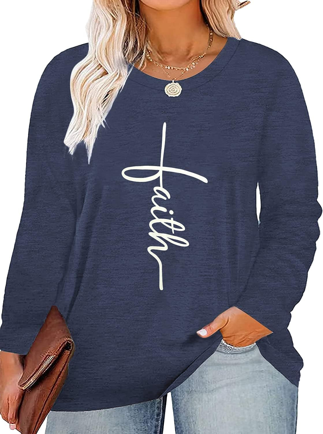 plus Size Faith Shirt Women Long Sleeve Graphic Tee Casual Sweatshirts with Pocket 1X - 5X