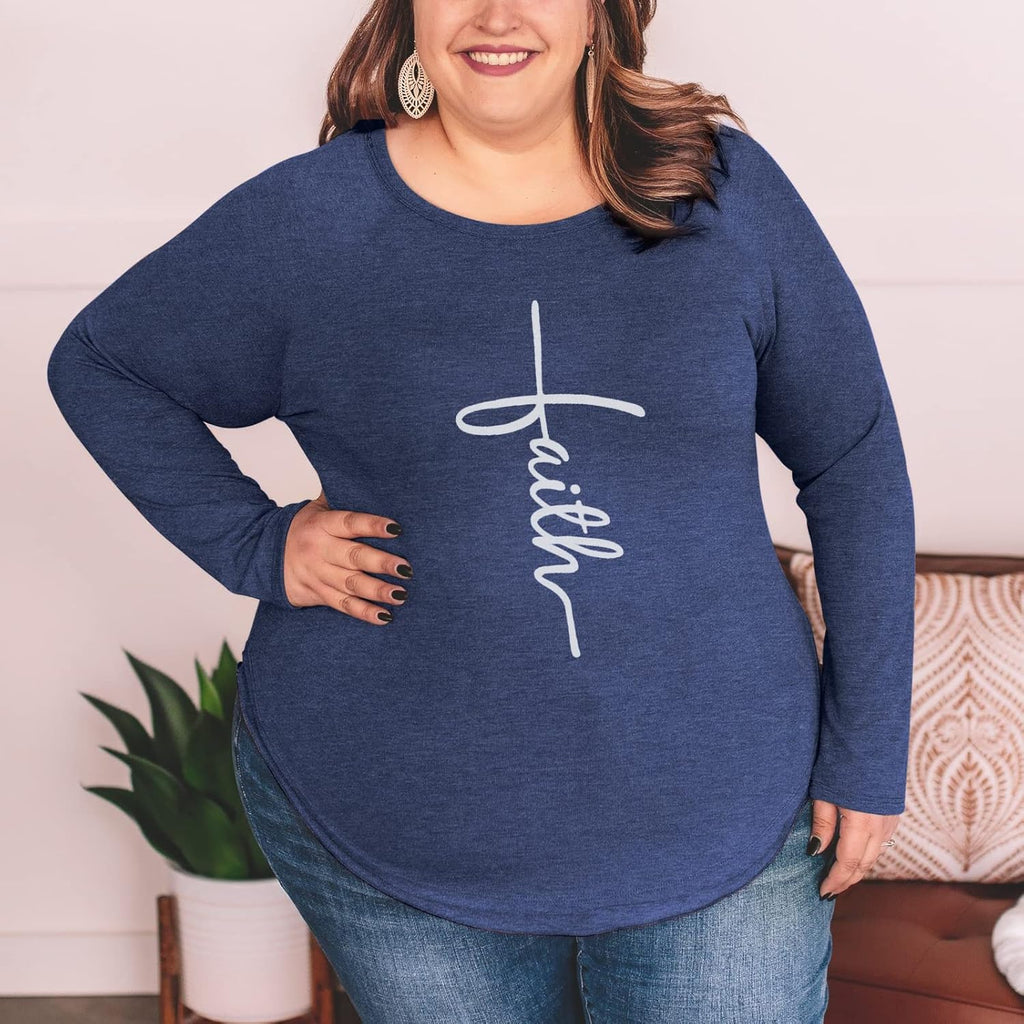 plus Size Faith Shirt Women Long Sleeve Graphic Tee Casual Sweatshirts with Pocket 1X - 5X