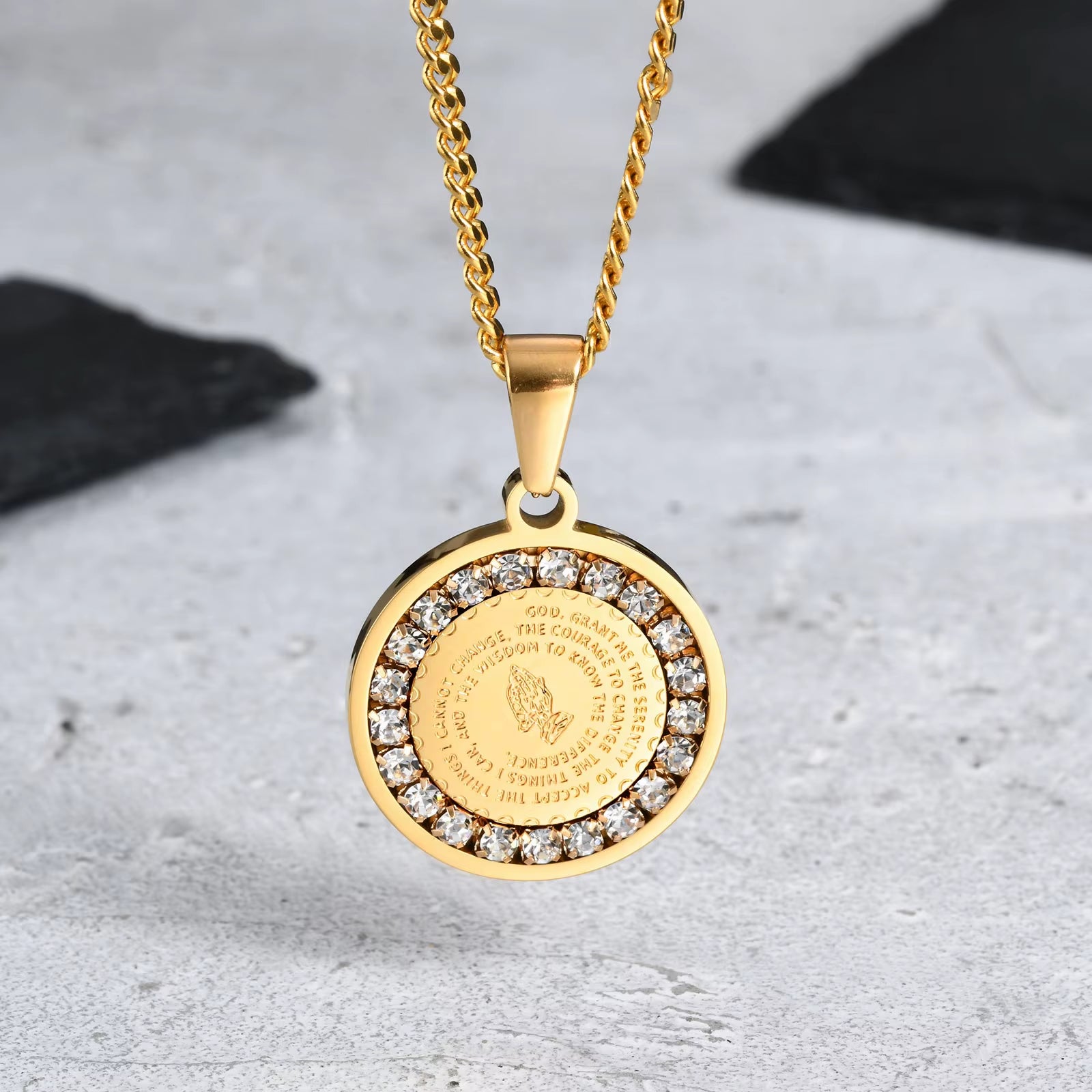 Bible Prayer Zircon Necklace for Men Boys,Stainless Steel Praying Hands Coin Pendant,Luxury Faith Jewelry Gift