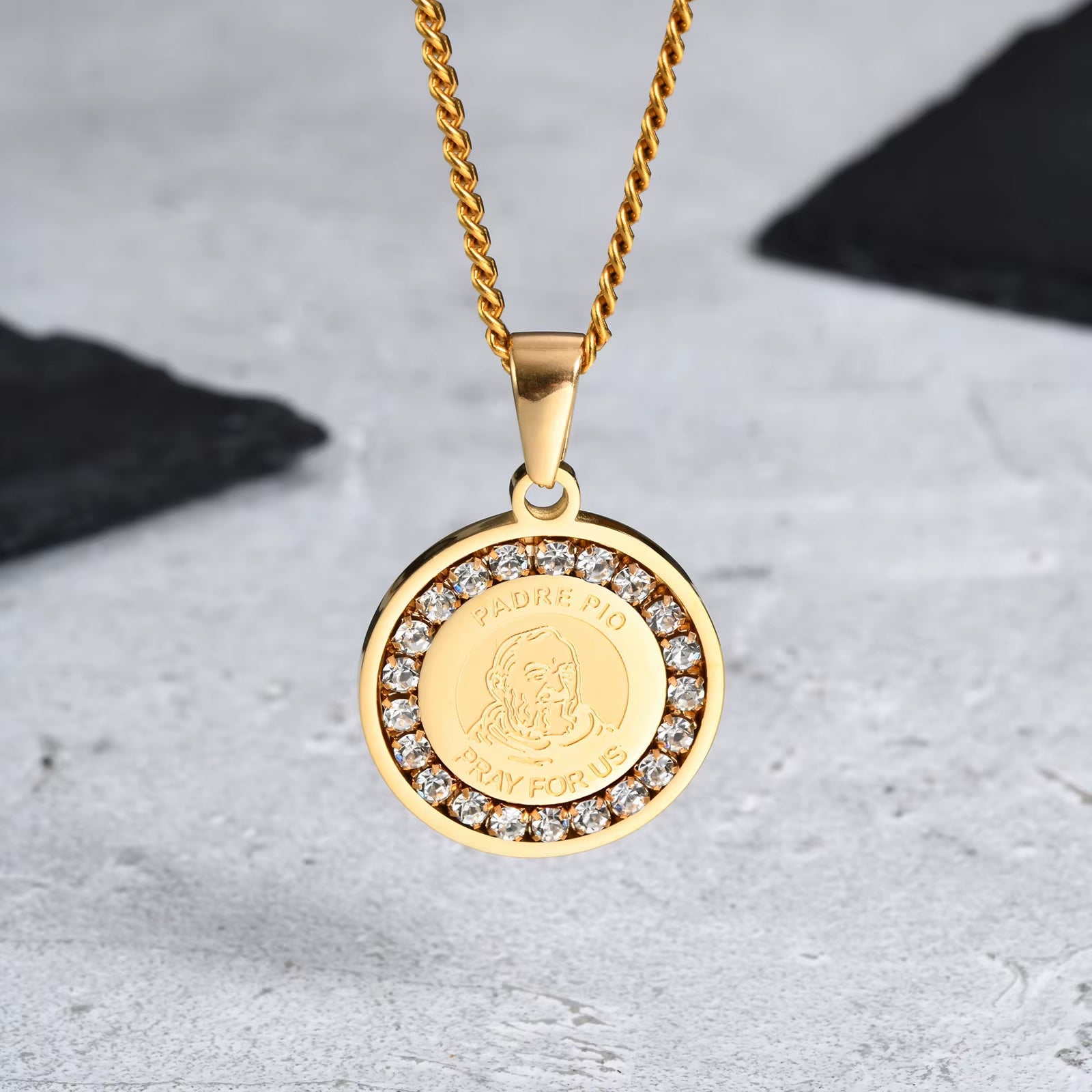 Bible Prayer Zircon Necklace for Men Boys,Stainless Steel Praying Hands Coin Pendant,Luxury Faith Jewelry Gift