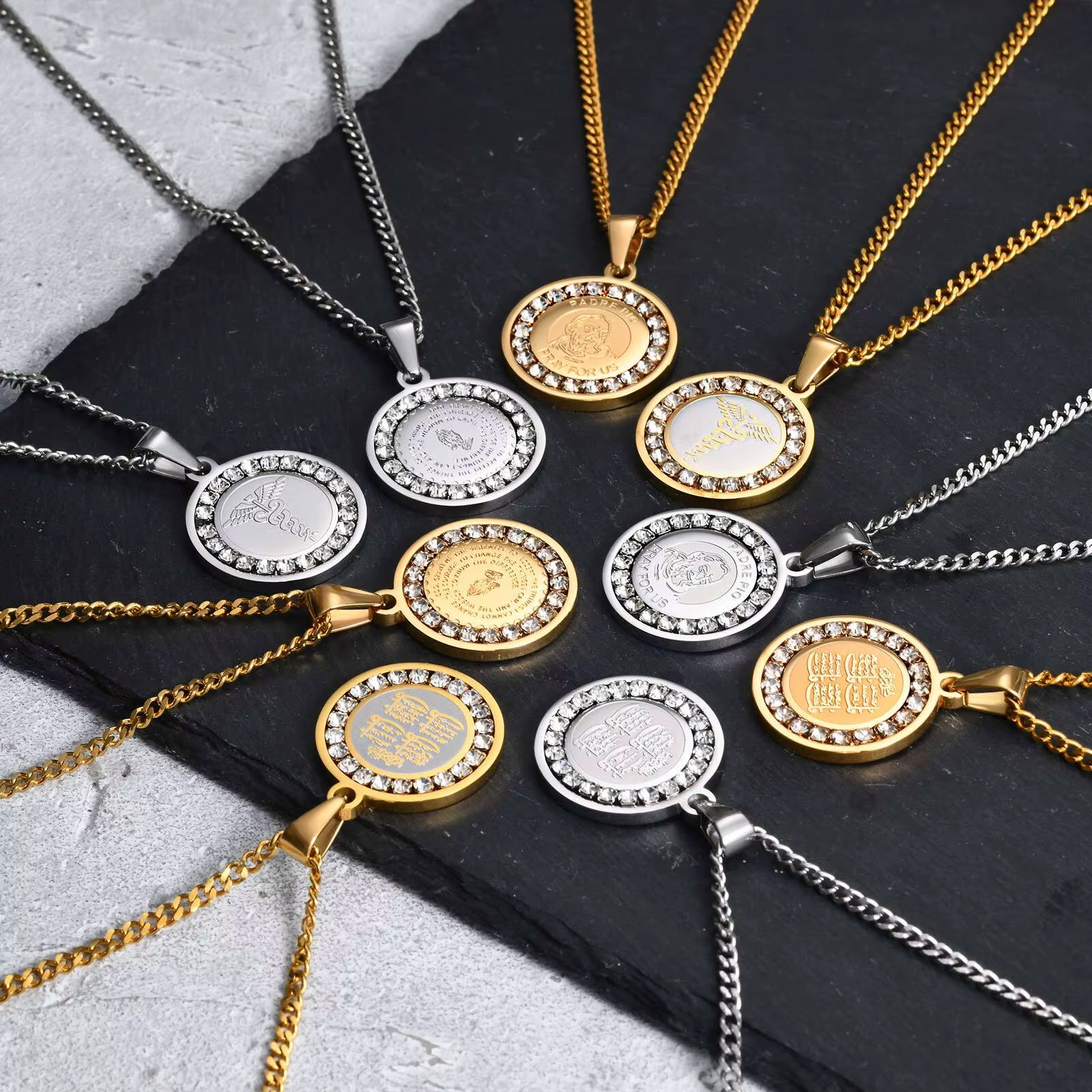 Bible Prayer Zircon Necklace for Men Boys,Stainless Steel Praying Hands Coin Pendant,Luxury Faith Jewelry Gift