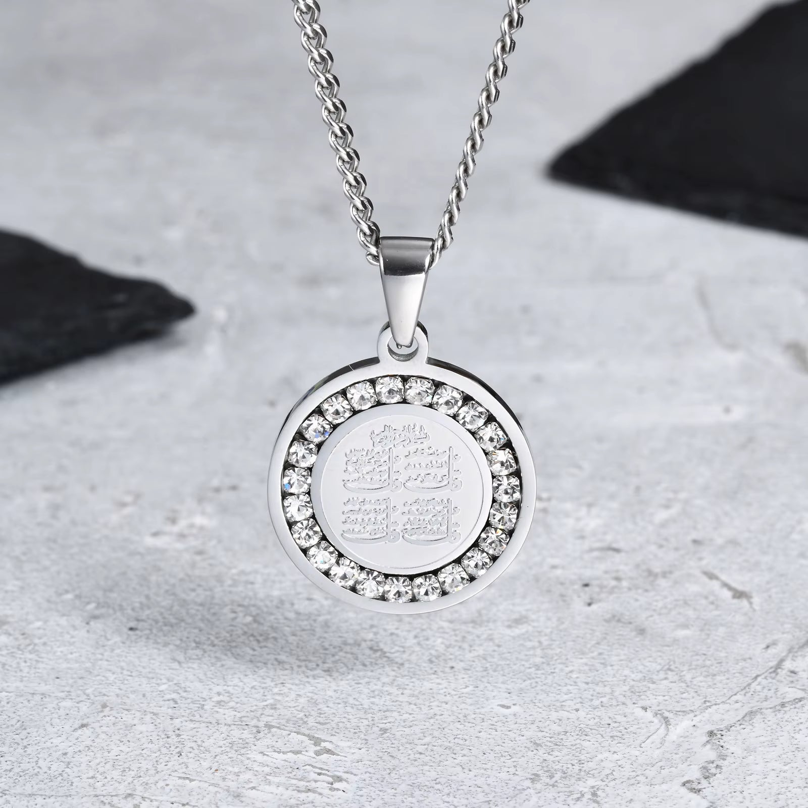 Bible Prayer Zircon Necklace for Men Boys,Stainless Steel Praying Hands Coin Pendant,Luxury Faith Jewelry Gift