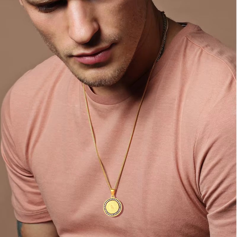 Bible Prayer Zircon Necklace for Men Boys,Stainless Steel Praying Hands Coin Pendant,Luxury Faith Jewelry Gift