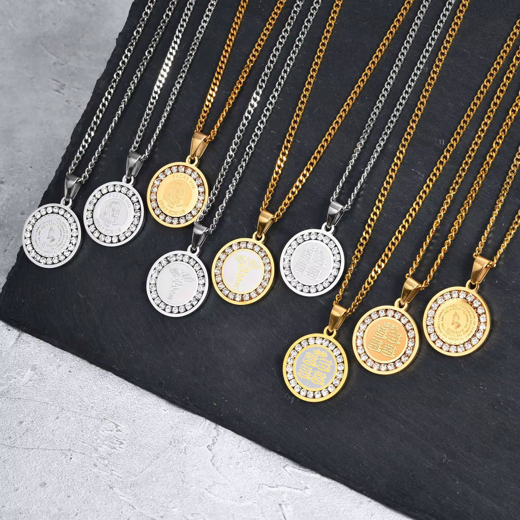 Bible Prayer Zircon Necklace for Men Boys,Stainless Steel Praying Hands Coin Pendant,Luxury Faith Jewelry Gift