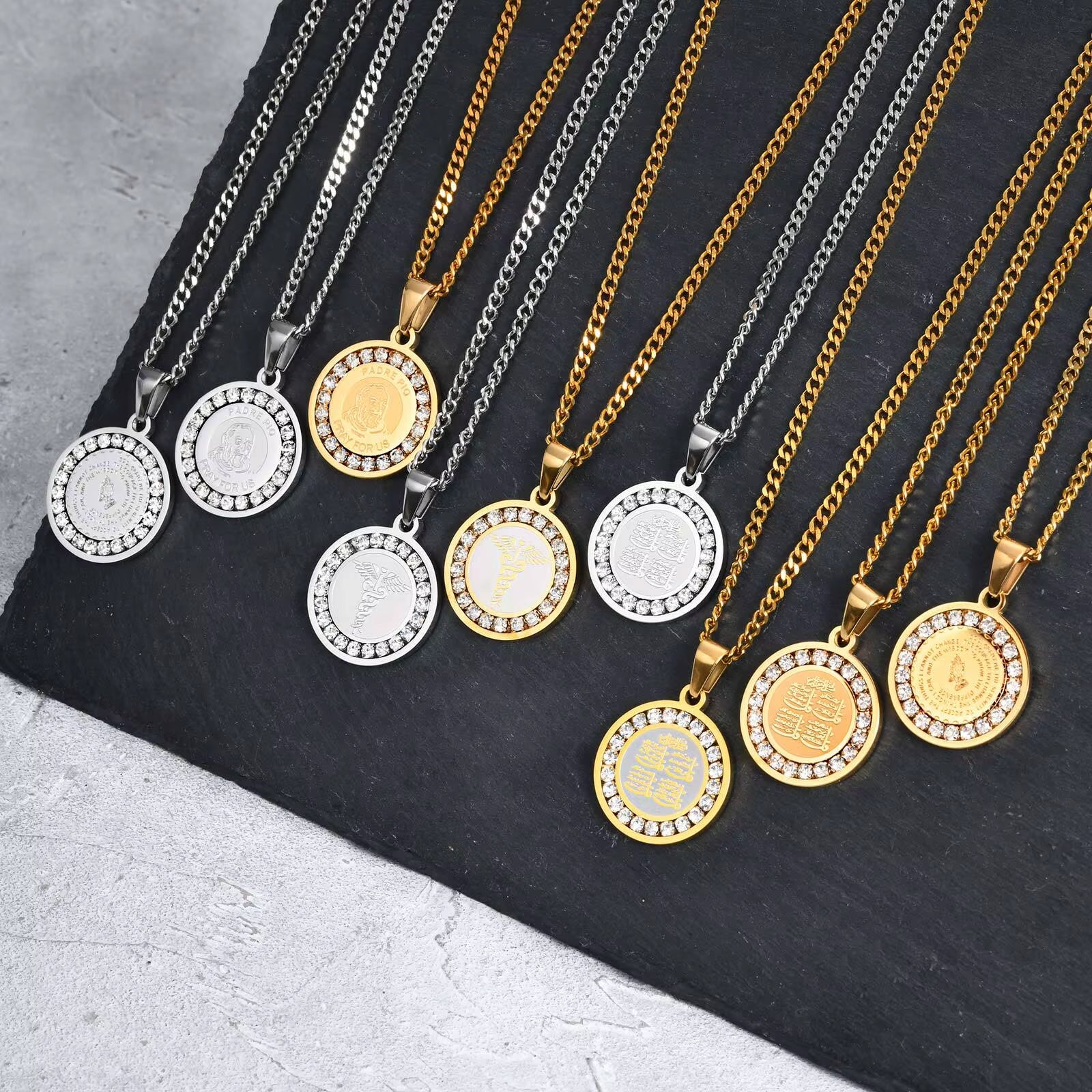 Bible Prayer Zircon Necklace for Men Boys,Stainless Steel Praying Hands Coin Pendant,Luxury Faith Jewelry Gift