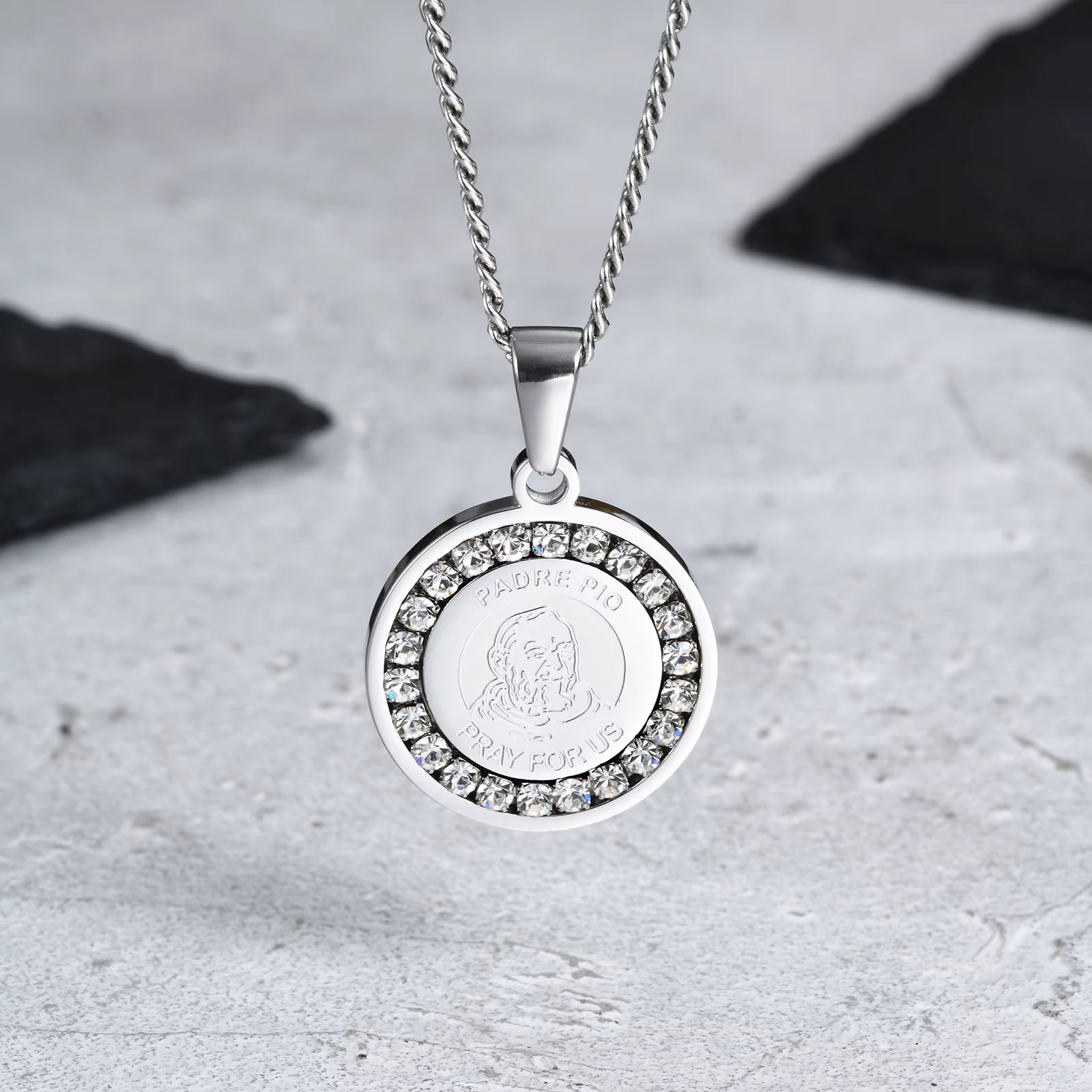 Bible Prayer Zircon Necklace for Men Boys,Stainless Steel Praying Hands Coin Pendant,Luxury Faith Jewelry Gift